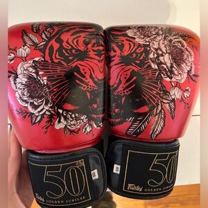 Fairtex Golden Jubilee Boxing Gloves , Red with Tiger and Floral Design